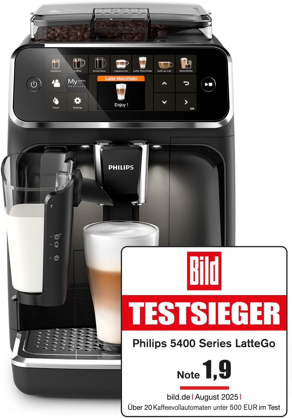 Serie 5400 (EP5441/50)–Genießen Sie 12 Getränke,schnell reinigendes LatteGo,intuitives TFT-Display,anpassbare Kaffeeeinstellungen,erstklassiges Küchendesign